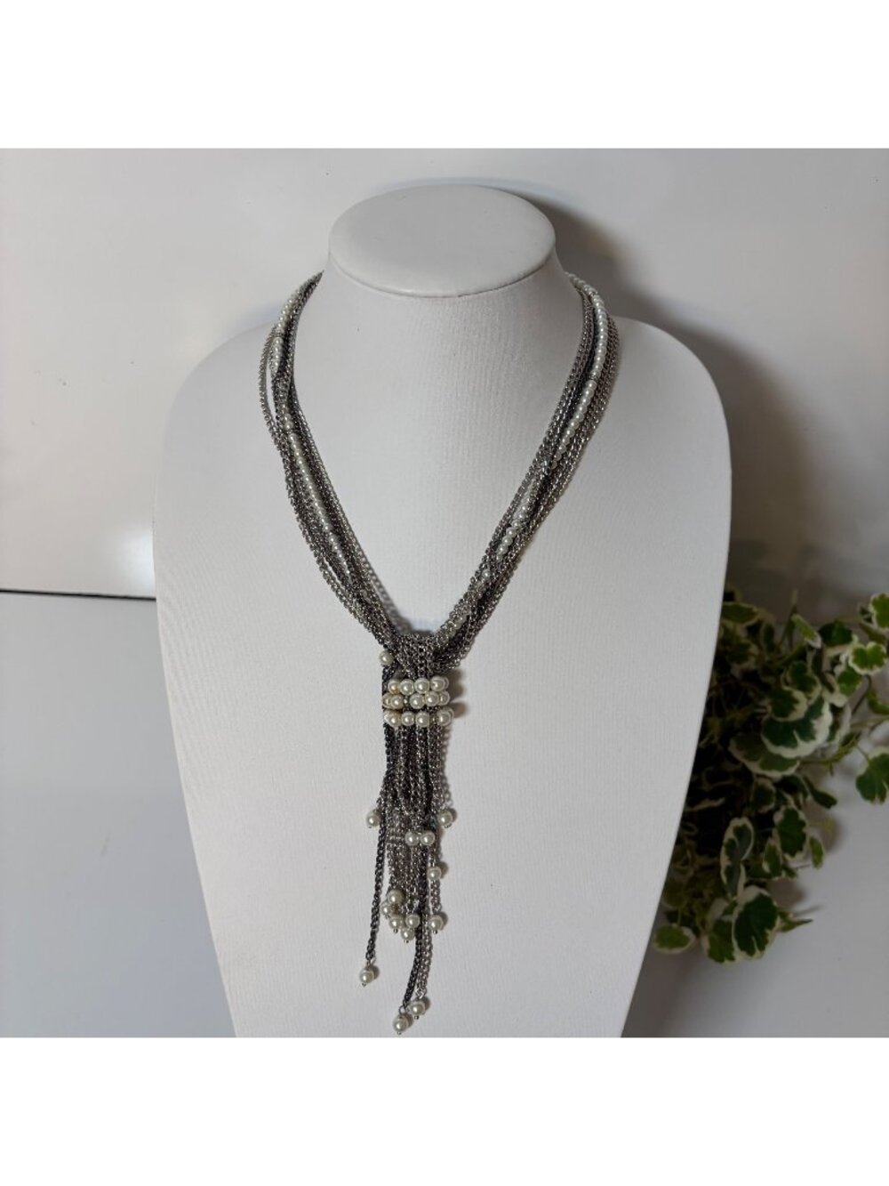 Vera Wang Silver Tone Multi-Strand Necklace Faux Pearl Tassel Pendant
